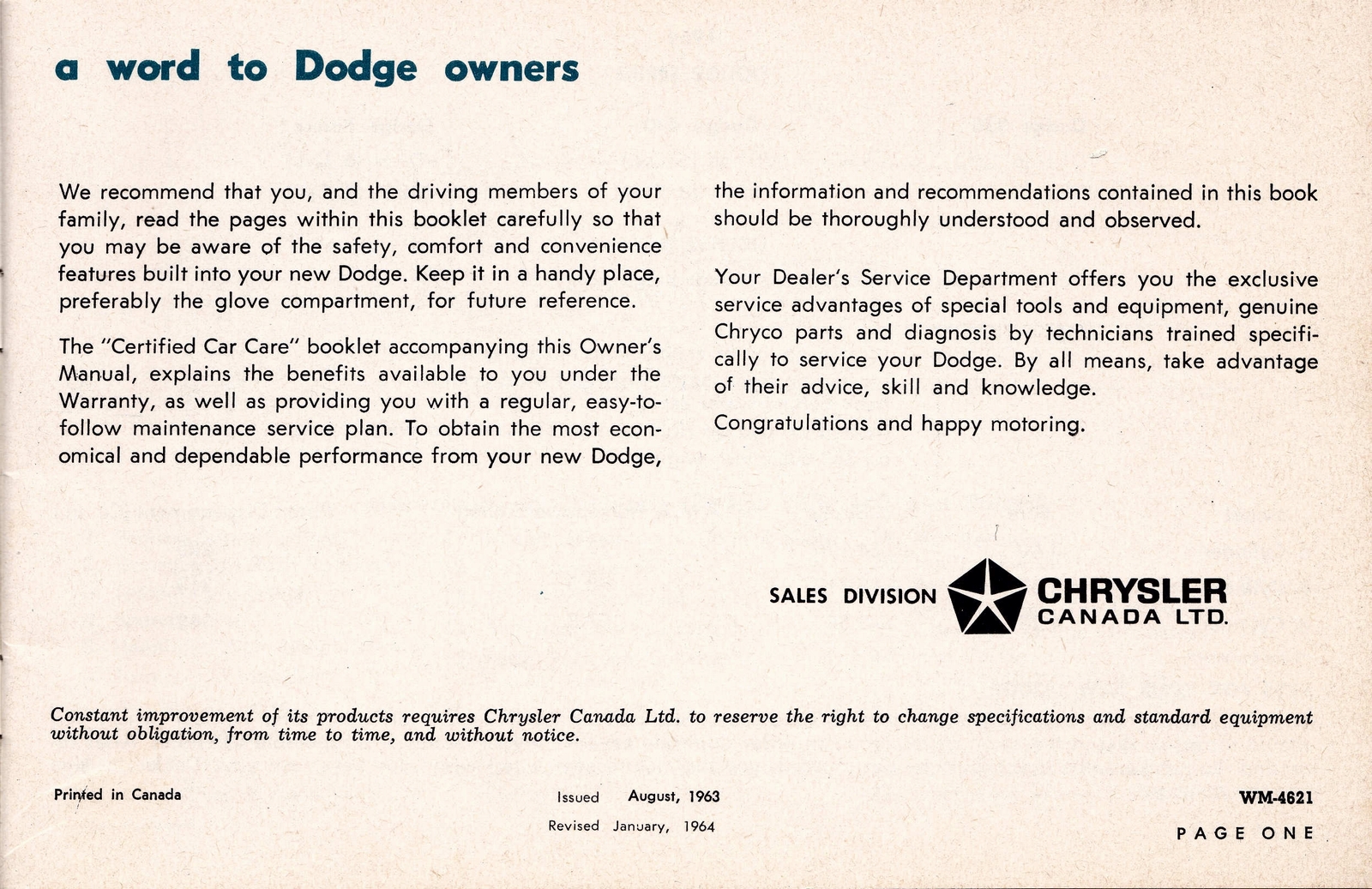 1964 Dodge Owner Information Package